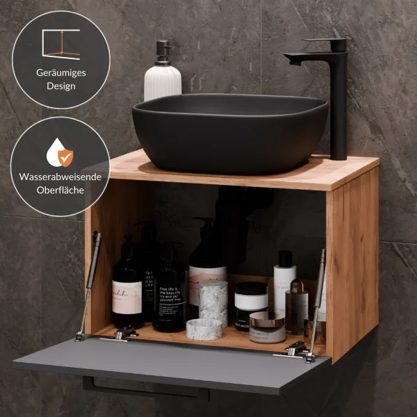 Sink base cabinet Astra 60 cm gold oak / anthracite with countertop sink black and mirror (with LED)