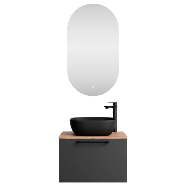 Sink base cabinet Astra 60 cm gold oak / anthracite with countertop sink black and mirror (with LED)