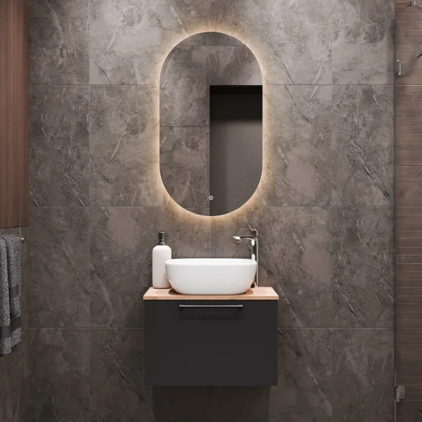 Sink base cabinet Astra 60 cm gold oak / anthracite with countertop sink white and mirror (with LED)