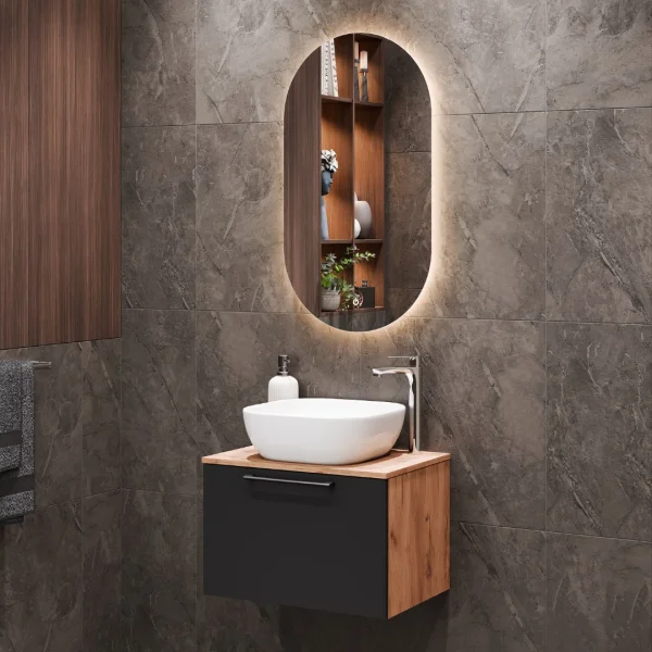Sink base cabinet Astra 60 cm gold oak / anthracite with countertop sink white and mirror (with LED)