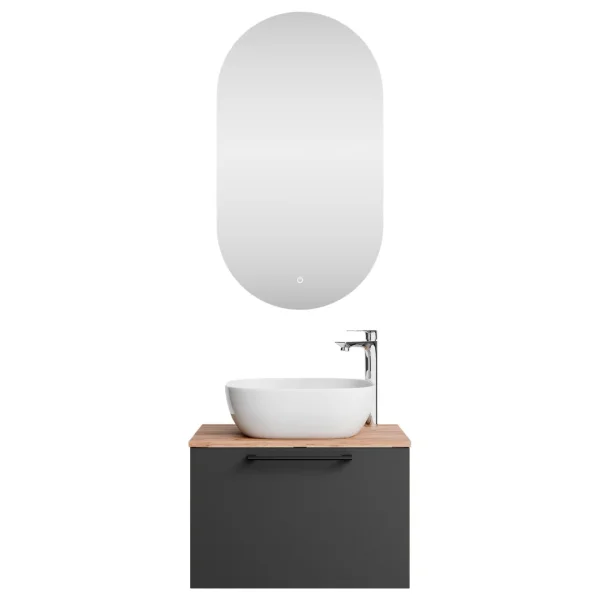 Sink base cabinet Astra 60 cm gold oak / anthracite with countertop sink white and mirror (with LED)