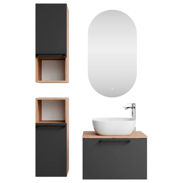 Mobile sottolavabo Astra 60 cm in rovere dorato / antracite con lavabo da appoggio bianco e 2 mobili medi in rovere dorato / antracite