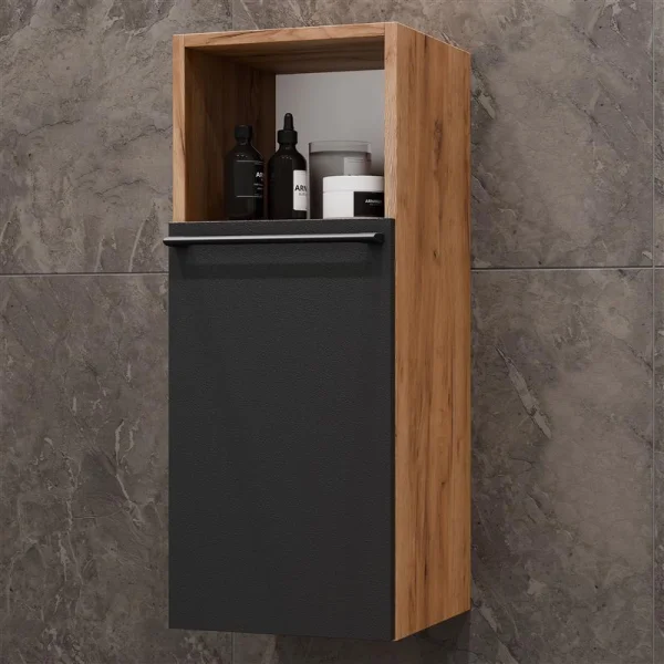 Mobile sottolavabo Astra 60 cm in rovere dorato / antracite con lavabo da appoggio bianco e 2 mobili medi in rovere dorato / antracite