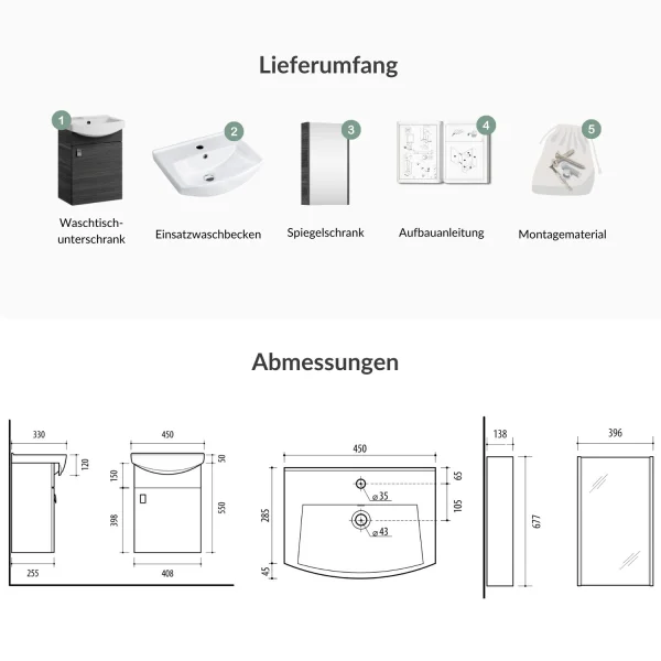 Badmöbel-Set mit Spiegelschrank 45cm (Anthrazit)