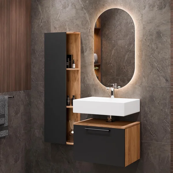Meuble sous-vasque Astra 60 cm chêne doré / anthracite avec meuble latéral chêne doré / anthracite