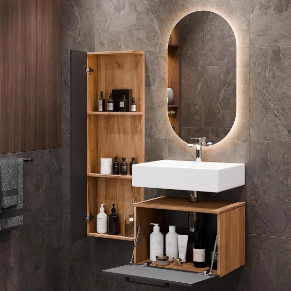 Meuble sous-vasque Astra 60 cm chêne doré / anthracite avec meuble latéral chêne doré / anthracite