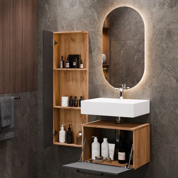 Mobile sottolavabo Astra 60 cm rovere dorato / antracite con specchio (con LED) e mobile laterale rovere dorato / antracite