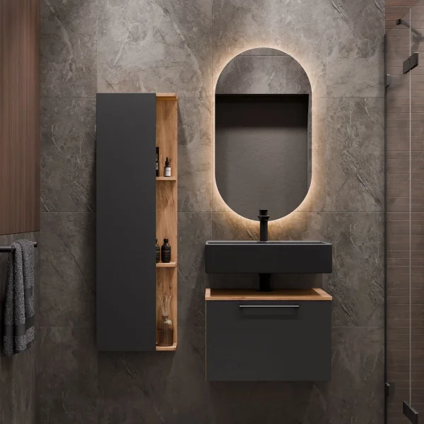 Mobile sottolavabo Astra 60 cm rovere dorato / antracite con specchio (con LED) e mobile laterale rovere dorato / antracite