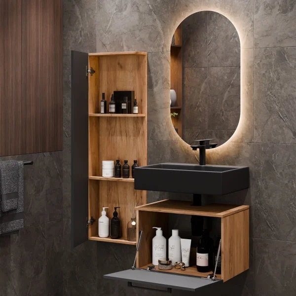 Mobile sottolavabo Astra 60 cm rovere dorato / antracite con specchio (con LED) e mobile laterale rovere dorato / antracite