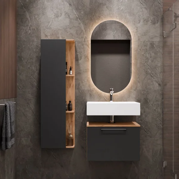 Mobile sottolavabo Astra 60 cm rovere dorato / antracite con specchio (con LED) e mobile laterale rovere dorato / antracite