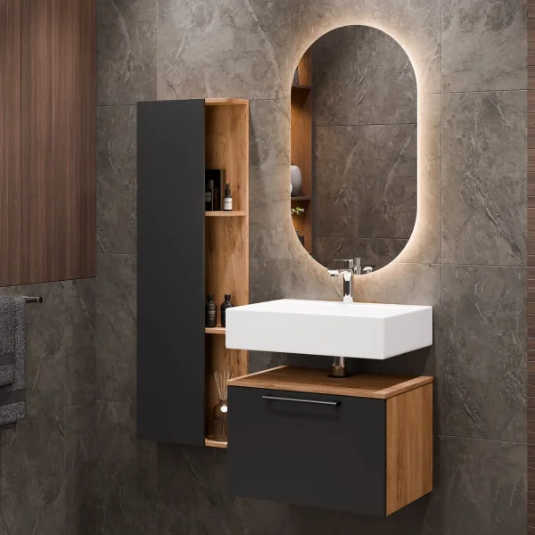 Mobile sottolavabo Astra 60 cm rovere dorato / antracite con specchio (con LED) e mobile laterale rovere dorato / antracite