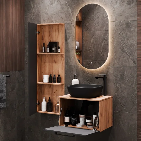 Mobile sottolavabo Astra 60 cm in rovere dorato / antracite con lavabo da appoggio nero e mobile laterale in rovere dorato / antracite