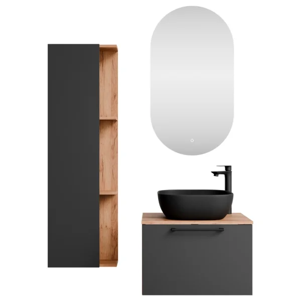 Mobile sottolavabo Astra 60 cm in rovere dorato / antracite con lavabo da appoggio nero, specchio (con LED) e mobile laterale in rovere dorato / antracite