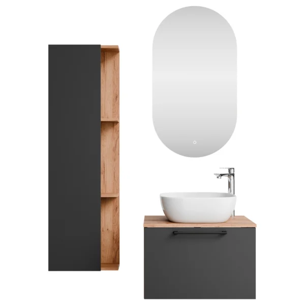 Sink base cabinet Astra 60 cm gold oak / anthracite with countertop sink white and side cabinet gold oak / anthracite