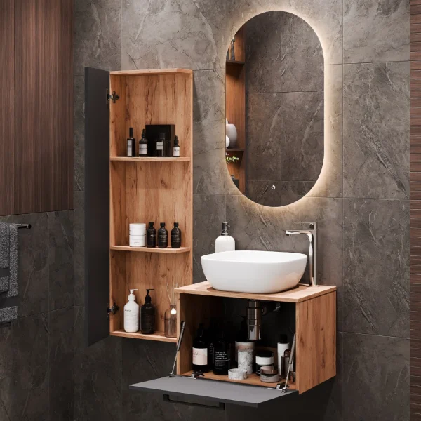 Waschtischunterschrank Astra 60 cm gold eiche / anthrazit mit Aufsatzwaschbecken weiß, Spiegel (mit LED) und Seitenschrank gold eiche / anthrazit