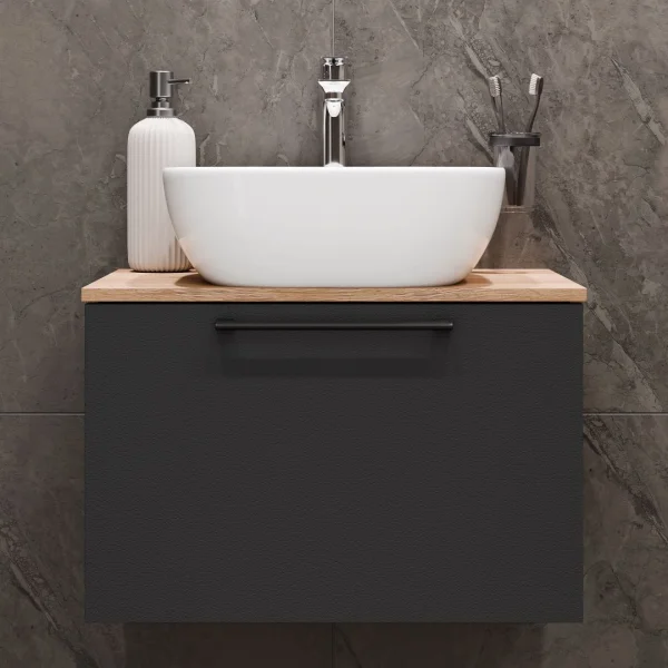 Waschtischunterschrank Astra 60 cm gold eiche / anthrazit mit Aufsatzwaschbecken weiß, Spiegel (mit LED) und Seitenschrank gold eiche / anthrazit