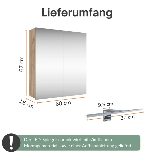 Spiegelschrank Merkur, gold eiche, 60 cm, mit LED-Leuchte in chrom