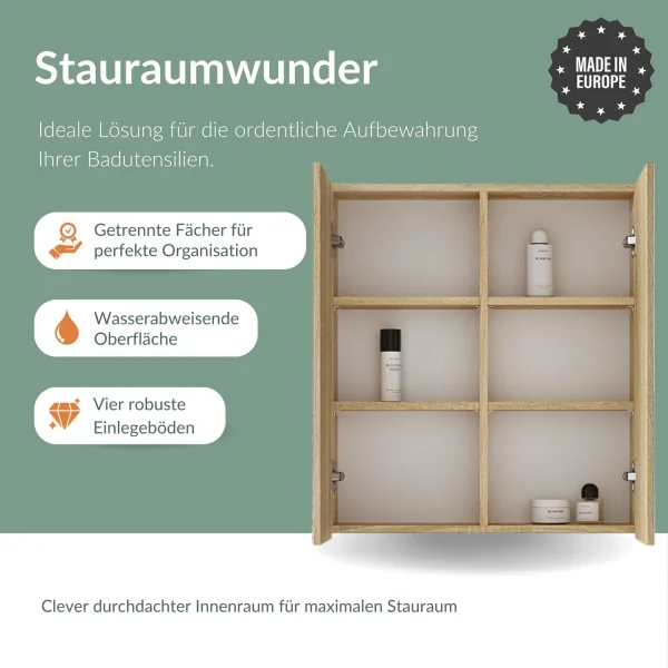 Spiegelschrank Merkur, gold eiche, 60 cm, mit LED-Leuchte in chrom