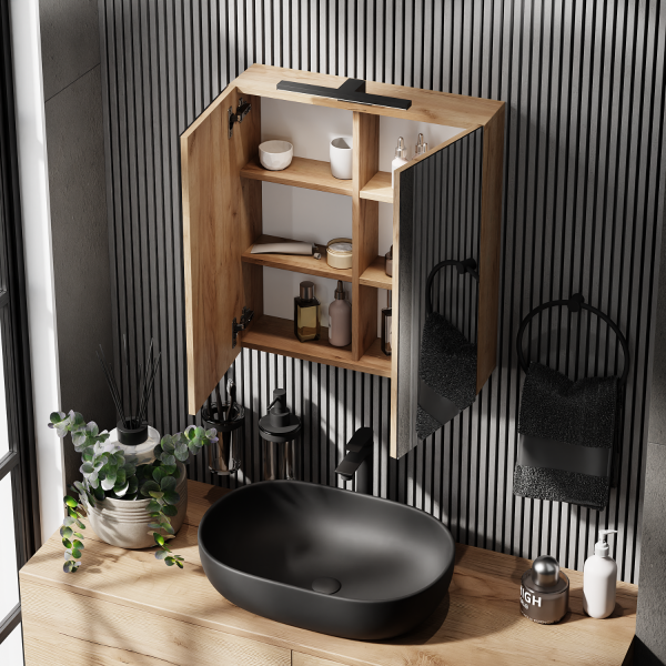 Spiegelschrank Merkur, gold eiche, 60 cm, mit LED-Leuchte in schwarz