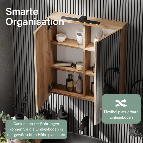 Spiegelschrank Merkur, gold eiche, 60 cm, mit LED-Leuchte in schwarz