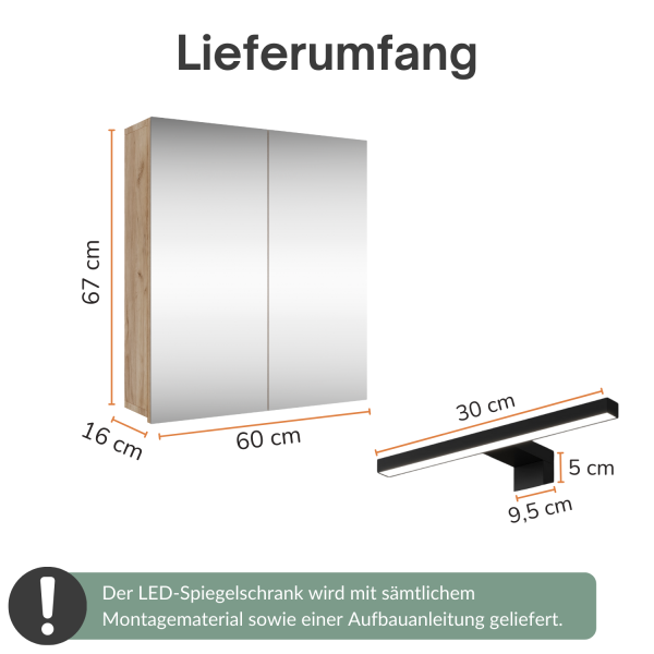 Spiegelschrank Merkur, gold eiche, 60 cm, mit LED-Leuchte in schwarz