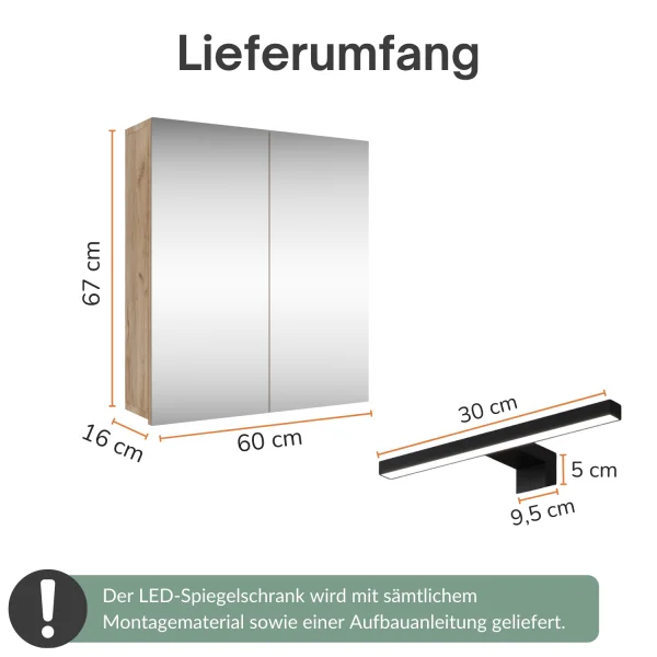 Armoire de toilette Merkur, chêne doré, 60 cm, avec éclairage LED noir