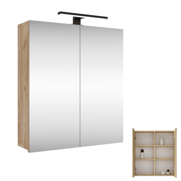 Spiegelschrank Merkur, gold eiche, 60 cm, mit LED-Leuchte in schwarz