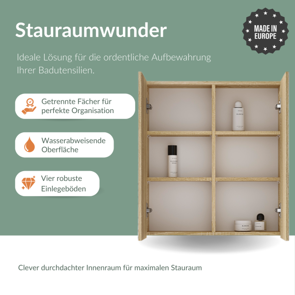 Spiegelschrank Merkur, gold eiche, 60 cm, mit LED-Leuchte in schwarz