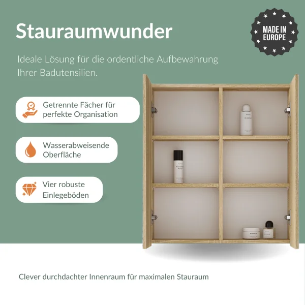 Armoire de toilette Merkur, chêne doré, 60 cm, avec éclairage LED noir