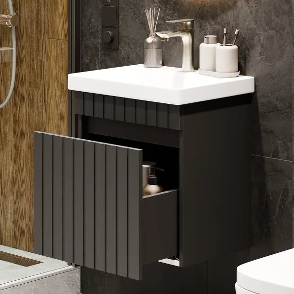 Meuble-lavabo COSMIA 50 cm avec tiroir, anthracite mat, avec miroir à LED + robinetterie dorée brossée