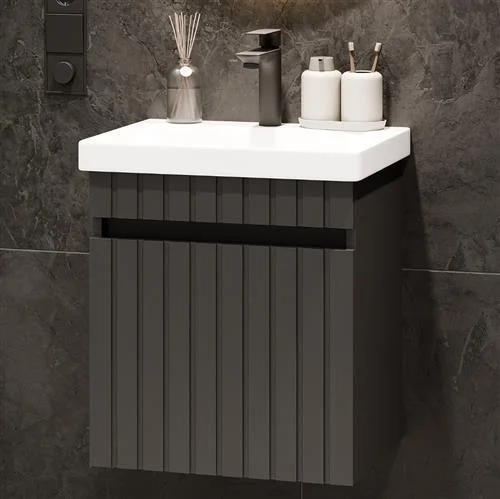 COSMIA 50 cm Vanity with Drawer in Matte Anthracite with LED Mirror + Faucet in Matte Black