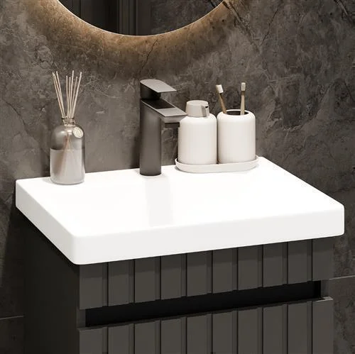 COSMIA 50 cm Vanity with Drawer in Matte Anthracite with LED Mirror + Faucet in Matte Black