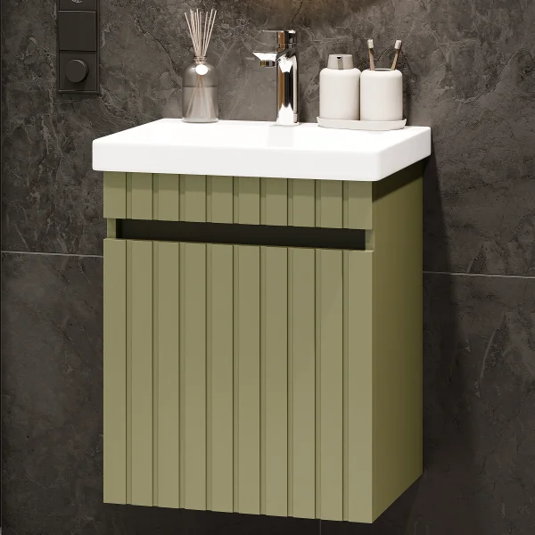 Lavabo COSMIA de 50 cm con cajón en verde menta mate y grifería cromada