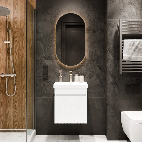 Lavabo COSMIA de 50 cm con cajón, blanco mate, con espejo LED y grifería dorado cepillado