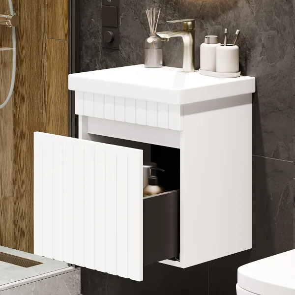 Lavabo COSMIA de 50 cm con cajón, blanco mate, con espejo LED y grifería dorado cepillado