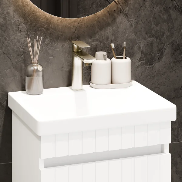 Lavabo COSMIA de 50 cm con cajón, blanco mate, con espejo LED y grifería dorado cepillado