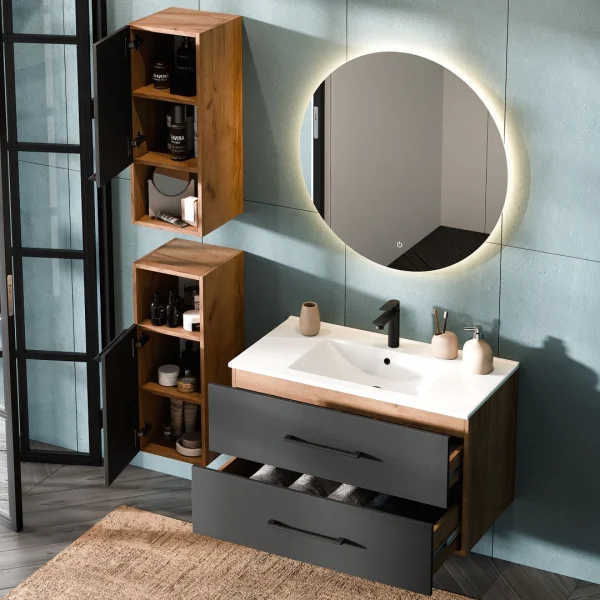 Meuble sous-lavabo LUX 90 cm, chêne doré / anthracite, avec lavabo encastré blanc et 2 meubles de rangement de taille moyenne, chêne doré / anthracite