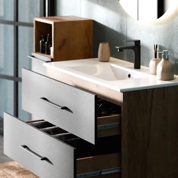 Meuble sous-lavabo LUX 90 cm, chêne doré / anthracite, avec lavabo encastré blanc et 2 meubles de rangement de taille moyenne, chêne doré / anthracite