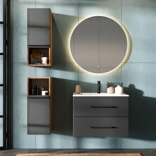Bathroom furniture set LUX 4-piece 70 cm gold oak anthracite washbasin vanity unit with white inset washbasin and 2x midi cabinet