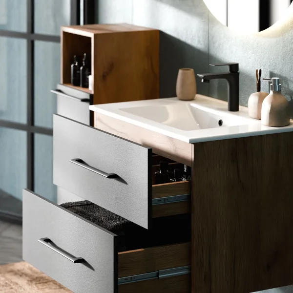 Bathroom furniture set LUX 4-piece 70 cm gold oak anthracite washbasin vanity unit with white inset washbasin and 2x midi cabinet