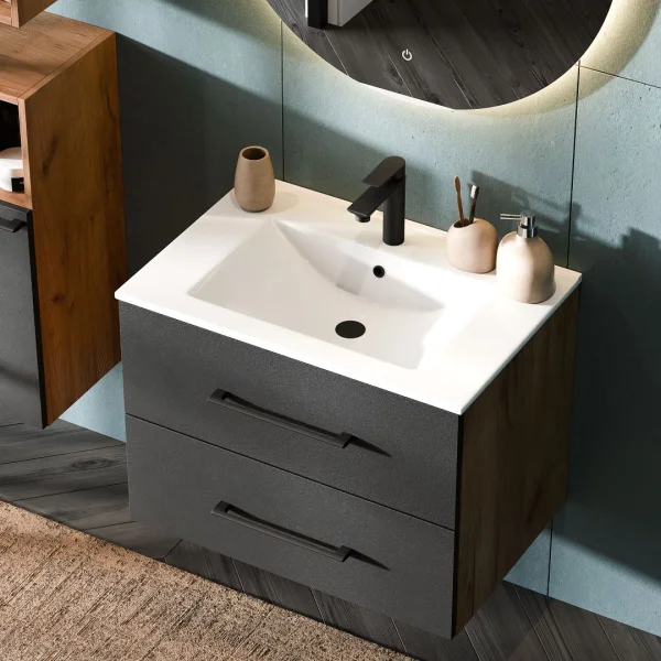 Bathroom furniture set LUX 4-piece 70 cm gold oak anthracite washbasin vanity unit with white inset washbasin and 2x midi cabinet