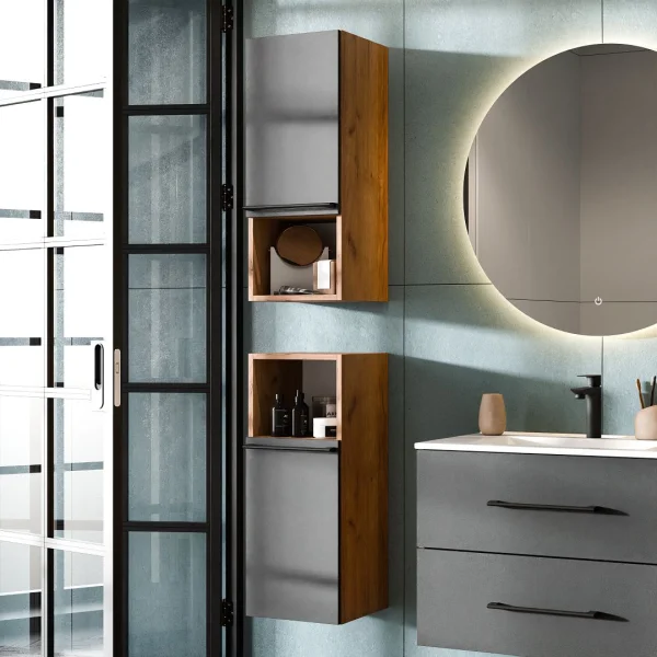 Bathroom furniture set LUX 4-piece 70 cm gold oak anthracite washbasin vanity unit with white inset washbasin and 2x midi cabinet