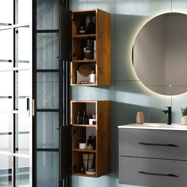 Bathroom furniture set LUX 4-piece 70 cm gold oak anthracite washbasin vanity unit with white inset washbasin and 2x midi cabinet
