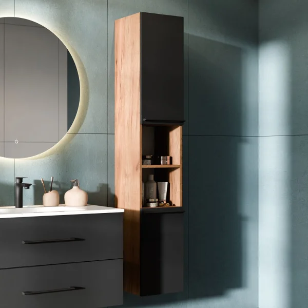 Ensemble de meubles de salle de bains LUX, 3 pièces, 70 cm, chêne doré / anthracite, avec armoire haute chêne doré / anthracite