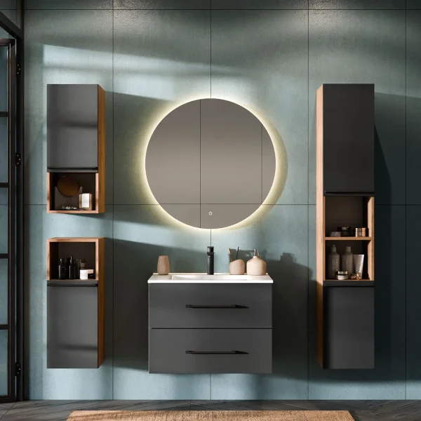 Vanity unit LUX 70 cm gold oak / anthracite with inset washbasin white, 2x midi cabinet and 1x tall cabinet gold oak / anthracite