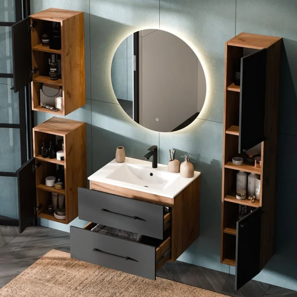 Vanity unit LUX 70 cm gold oak / anthracite with inset washbasin white, 2x midi cabinet and 1x tall cabinet gold oak / anthracite
