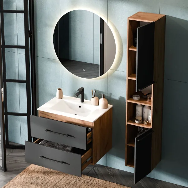 Mobile sottolavabo LUX 70 cm in rovere dorato / antracite con lavabo da incasso bianco, specchio (con LED) e mobile alto in rovere dorato / antracite