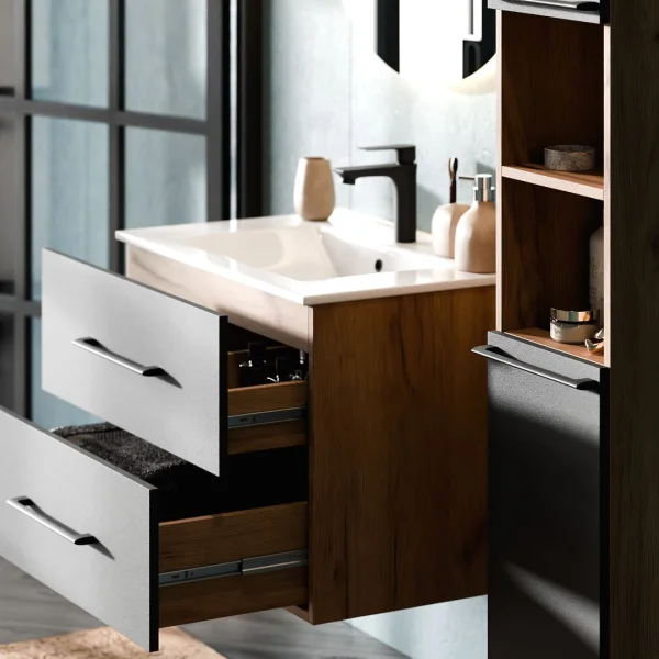 Mobile sottolavabo LUX 70 cm in rovere dorato / antracite con lavabo da incasso bianco, specchio (con LED) e mobile alto in rovere dorato / antracite