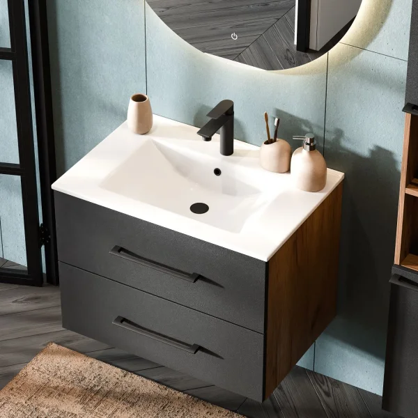Mobile sottolavabo LUX 70 cm in rovere dorato / antracite con lavabo da incasso bianco, specchio (con LED) e mobile alto in rovere dorato / antracite