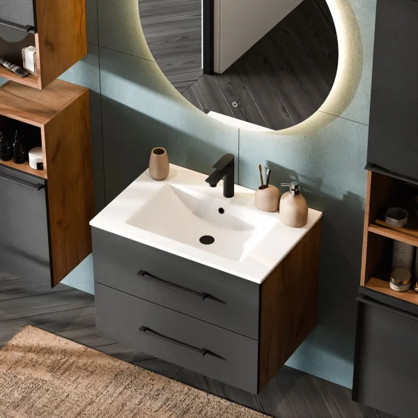 Mobile sottolavabo LUX 70 cm rovere dorato / antracite con lavabo da incasso bianco, specchio (con LED), 2 mobili medi e 1 mobile alto rovere dorato / antracite